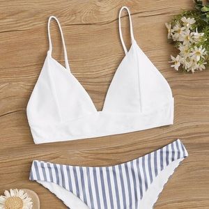 SHEIN White and Blue Striped Bikini